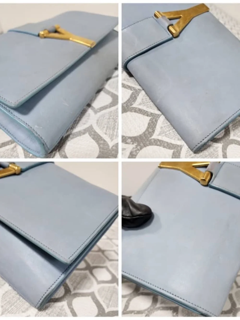 Authentic YVES SAINT LAURENT Calfskin Leather Ligne Y Clutch Bag Blue